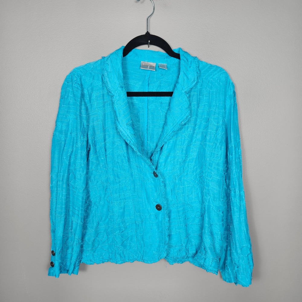 Chicos Womens 1 Silk Linen Blazer Embroidered Lightweight Lagenlook Jacket Blue